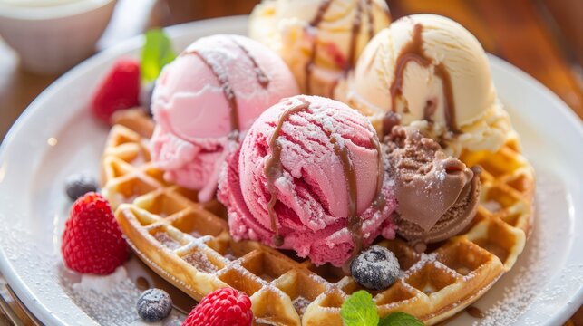 Assorted ice cream flavours in a delightful waffle