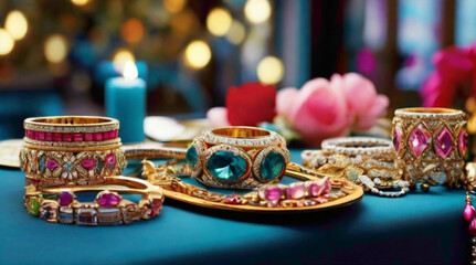 crown with colorful jewels and luxurious bangles with nicely luxurious design abstract jewels and...