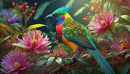 colorful exotic bird in jungle around little magic flowers 