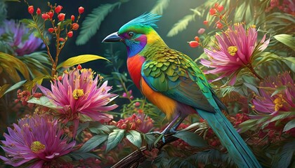 Obraz premium colorful exotic bird in jungle around little magic flowers 