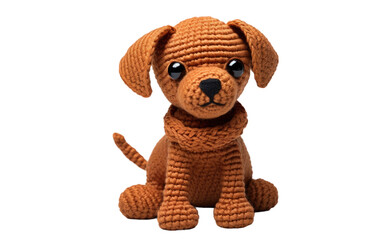 Crocheted Dog Sitting. The handmade dog is intricately crafted with yarn, showcasing detailed features like eyes, nose, ears, and paws. Isolated on a Transparent Background PNG.