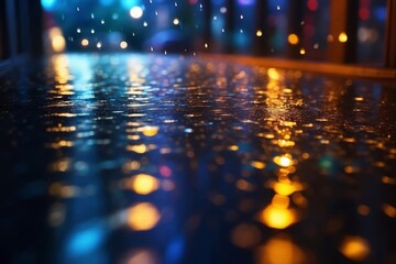 Colorful lights in rain on street infront of windows background. Bokeh effect lights rain wallpaper.