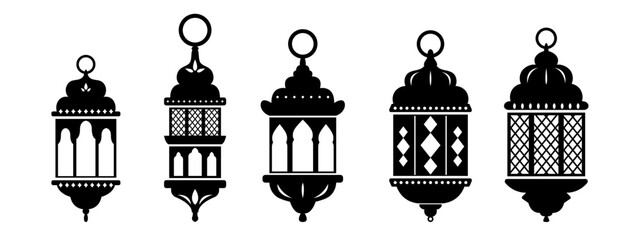 Vector Ramadan arabian islamic lanterns black shapes set isolated on white. Vintage lamps silhouettes. Arabesque eastern style clipart.