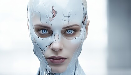 Futuristic white ai humanoid robot portrait with space for text, artificial intelligence concept