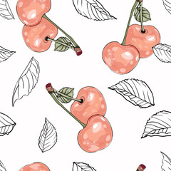 Summer bright vintage cherry seamless pattern with blooming cherries. Red cherry Vector illustration