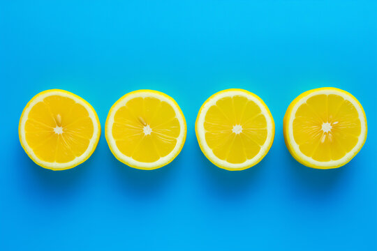 Lemon slices in a row on blue background. Citrus fruit. Top view.