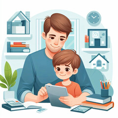 Father and child using digital tablet for e-learning, vector illustration