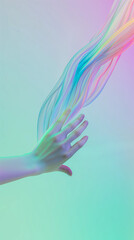 Obraz na płótnie Canvas Hand Gently Touches Abstract Translucent Strings in a Holographic Color Scheme. Pastel colorful gradient background.
