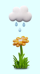 Vertical natural concept. Rain drips on flower. Realistic vector illustration in cartoon style