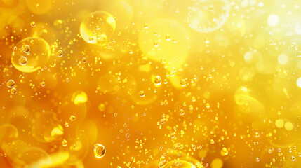 Transparent shining yellow liquid with bubbles. Bright background with bokeh. Abstract sunny background for food design.