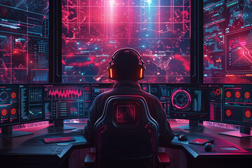 A man is sitting at a desk, focused on his computer monitor while working in a futuristic workstation - obrazy, fototapety, plakaty