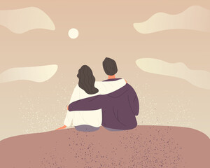 Young couple in love on sky background with clouds