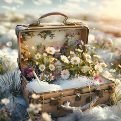 Vintage suitcase with spring flowers and hoarfrost lying on the snowy surface. Concept of spring coming.