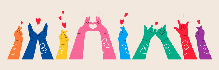 Set of hands show up with love. Give and share your love with people. Colorful vector illustration