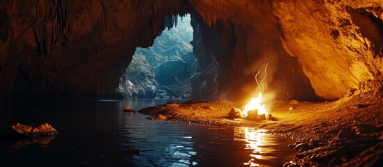 Mystical Cave Illuminated by a Central Fire - Enigmatic and Serene Ambiance
