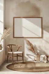 Canvas mockup in minimalist interior background with armchair and rustic decor