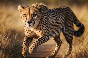 African cheetah running on a dirt path through tall grass in the savannah sprinting towards its prey