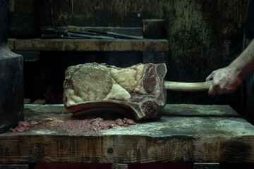 Artisan Butchery Craft: Trimming a Large Beef Cut on Wooden Block