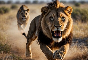 Obraz premium Lion and lioness run through the savannah baring their teeth while sprinting towards their prey, dirt is being kicked up in the air