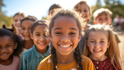 Obraz premium Celebrating Diversity: Cheerful Multiethnic Children Embrace Joy Outdoors