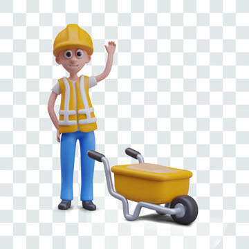 Male character in work uniform is standing next to wheelbarrow
