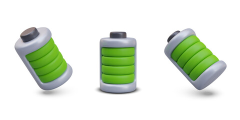 Set of charged green batteries on white background. Natural power