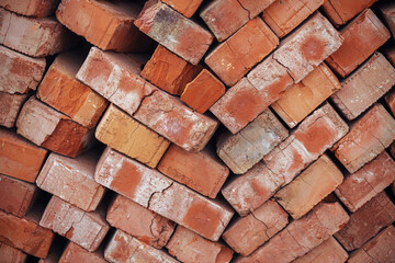 Stack of bricks masonry close up. Process of house building and building materials concept. Red...