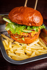 burger with french fries  and sauce