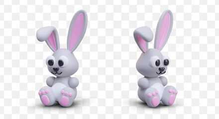 Cute 3D rabbit, view from different angles. Easter positive character, bunny, children toy