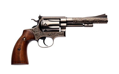Engraved Wooden Barrel Revolver. The wooden texture contrasts with the metal frame, creating a visually striking piece. Isolated on a Transparent Background PNG.