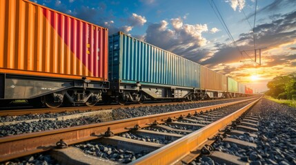Fototapeta premium Freight train carrying shipping containers moving on railway tracks beside a lush forest landscape