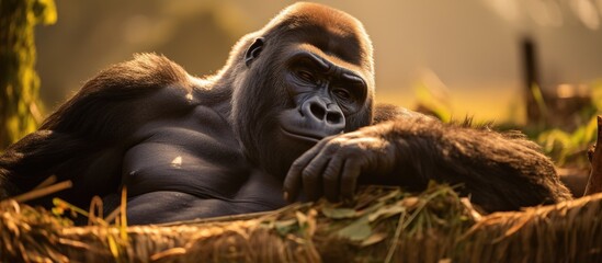 A male gorilla is seen leisurely laying down in the grass in its natural habitat. The gorilla appears calm and relaxed as it rests outdoors.