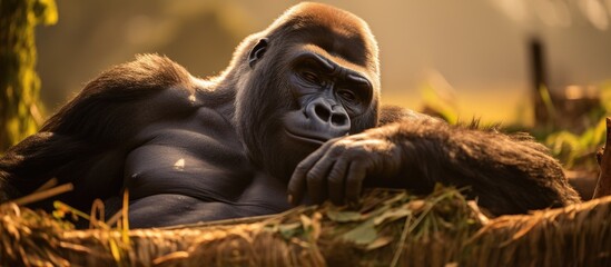 Fototapeta premium A male gorilla is seen leisurely laying down in the grass in its natural habitat. The gorilla appears calm and relaxed as it rests outdoors.