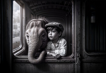 A Boy and a Baby Elephant are Looking Out of a Window Together in a Train Car.