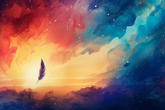 Feather for writing on abstract background of colors and sea. abstract background for World Poetry Day