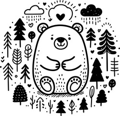 panda, bear in cute animal doodle cartoon, children mascot drawing, outline,