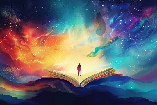 Illustration of a man standing in front of an open book with magic effect. Abstract background for World Poetry Day - Powered by Adobe