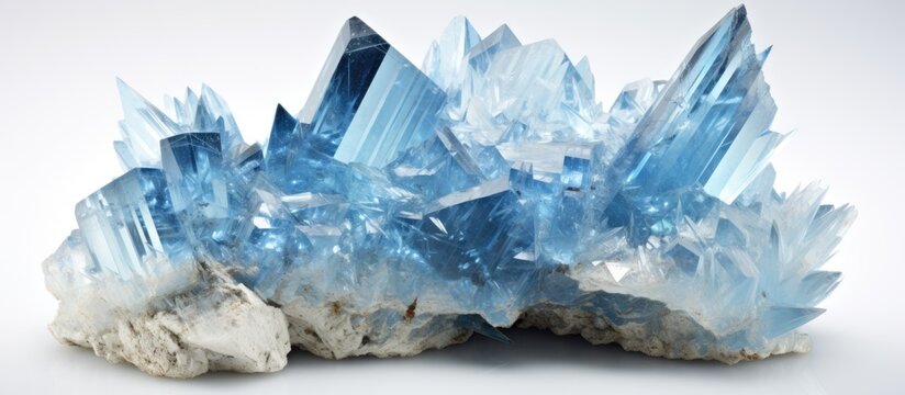 A cluster of blue crystals, likely blue topaz with quartz and muscovite in albite, sits atop a rock in this mineralogical museum display. The crystals glisten under the light, showcasing their natural
