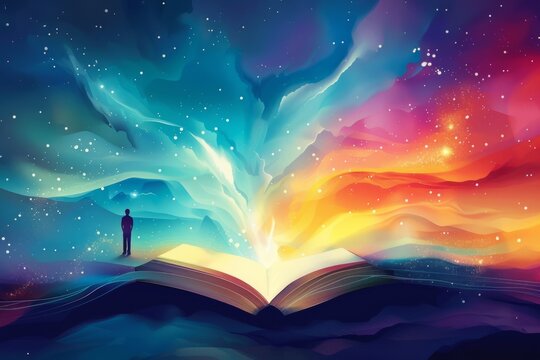 Illustration of a man standing in front of an open book with magic effect. Abstract background for World Poetry Day 