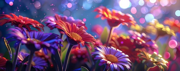 Array of colorful flowers blooming in a cosmic garden