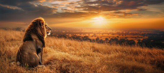 Sunset Majesty. Lion's Power and Triumph. King of Success. Lion Watching the Sunset. Copy Space.