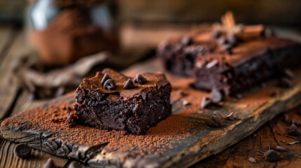 Chocolate Brownie on Rustic Wooden Table