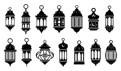 Vector Ramadan arabian islamic lanterns black shapes set isolated on white. Vintage lamps silhouettes. Arabesque eastern style clipart