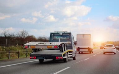 Fototapeta na wymiar A Towing Truck Vehicle With A Medium Size Platform