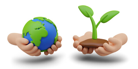 Set of eco concepts. 3D Earth in palms, hands hold soil with plant