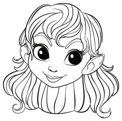 Black and white line art of a cute elf girl.