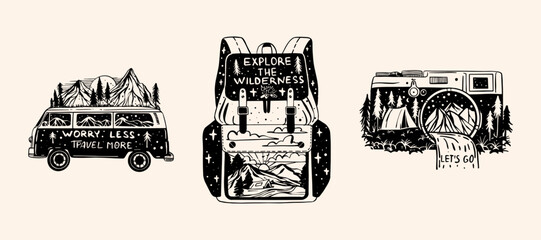 Set of camping badges, patches. Vector illustration. Concept for logo, print, stamp. Vintage typography design with camping equipment, forest, camper and mountain silhouette. - 747133372