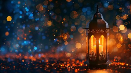 Beautiful Arabic lantern with golden bokeh lights and a burning candle that glows at night. Festive greeting card and invitation for Ramadan Kareem, the Muslim holy month. dimly lit scene