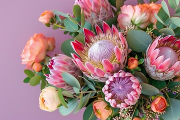 protea and vibrant ranunculus flowers bouquet on a pastel purple background, elegant for mothers day