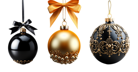 set of black and gold christmas ball decorations, generative ai